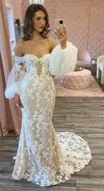 Lakshmigown Lantern Sleeves  Mermaid Wedding Dresses Beads Appliques Sweetheart Tulle Chapel Train Robe De Mariee Customized