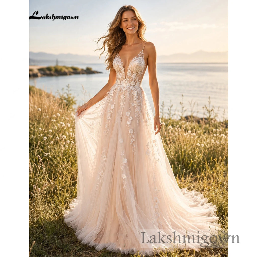 Lakshmigown Champagne Boho Wedding Dress Spaghetti Straps Deep V Neck Flower Lace Tulle A Line Bridal Gown For Beach Customized