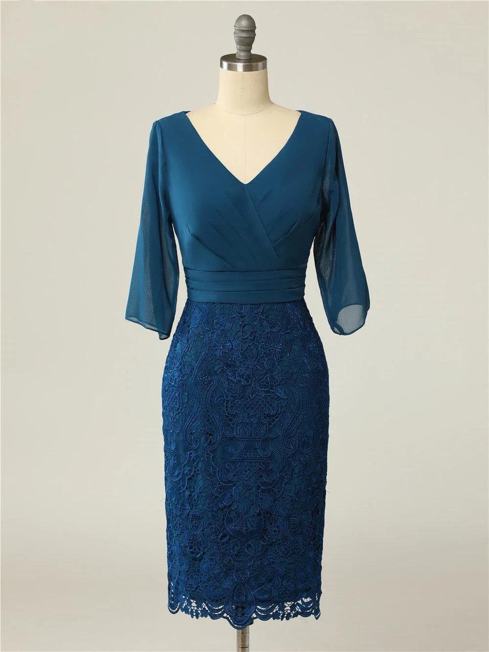 Vestidos para a mãe da noiva com decote em V, manga curta, renda e casaco