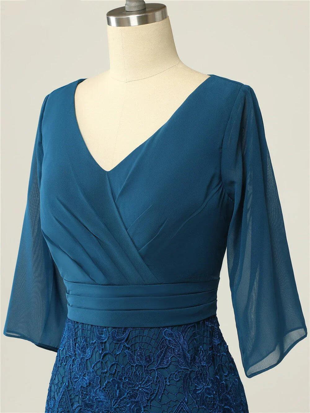 Vestidos para a mãe da noiva com decote em V, manga curta, renda e casaco