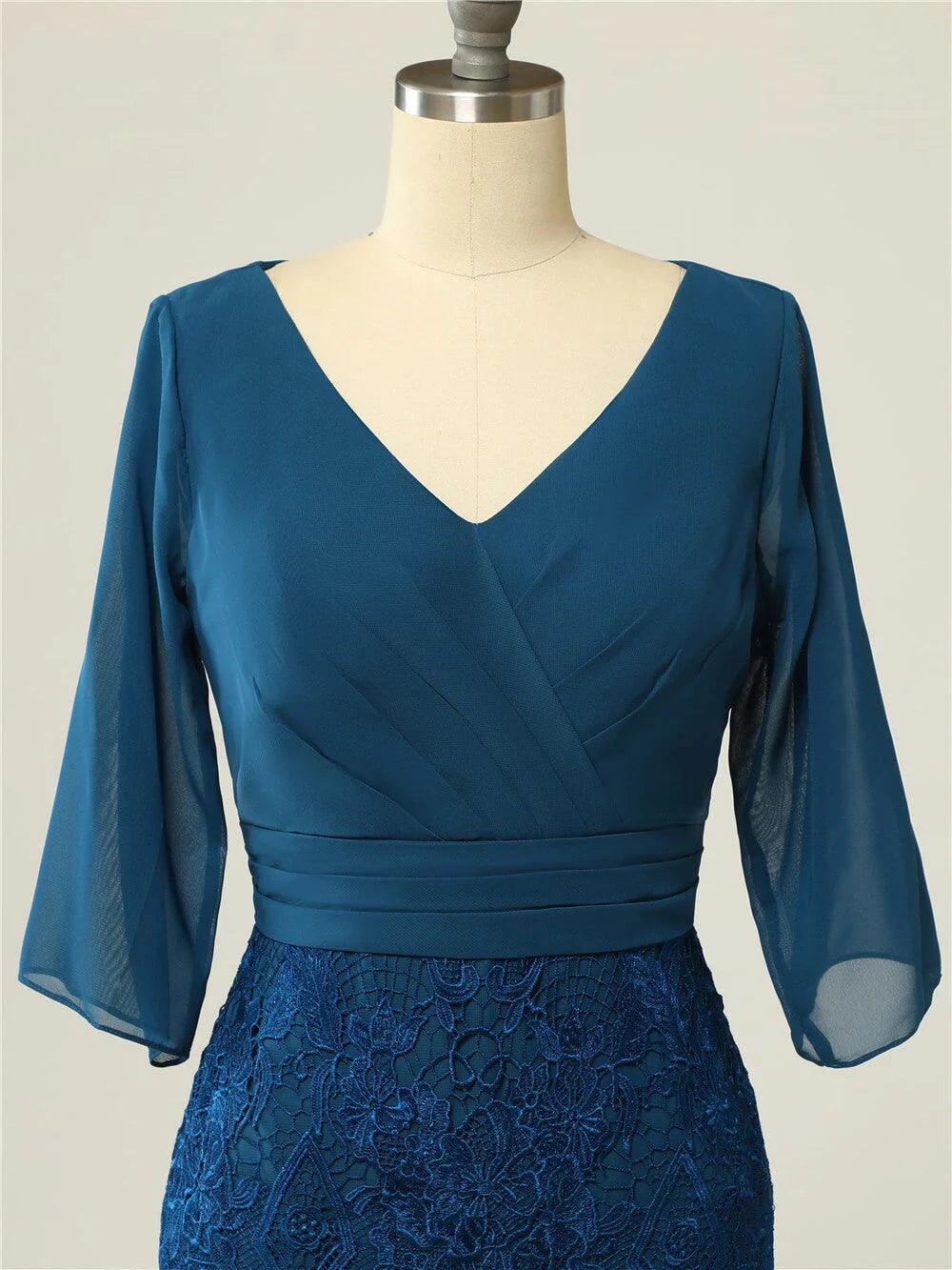 Vestidos para a mãe da noiva com decote em V, manga curta, renda e casaco