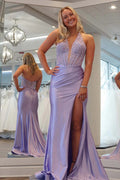 Etuikleid mit tiefem V-Ausschnitt, langem Lavendel-Abschlussballkleid mit Schlitz PSK686