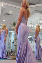 Sheath Deep V-neck Lavender Long Prom Dress With Split PSK686