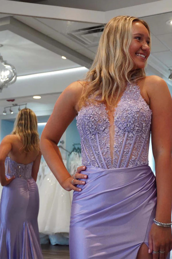 Sheath Deep V-neck Lavender Long Prom Dress With Split PSK686