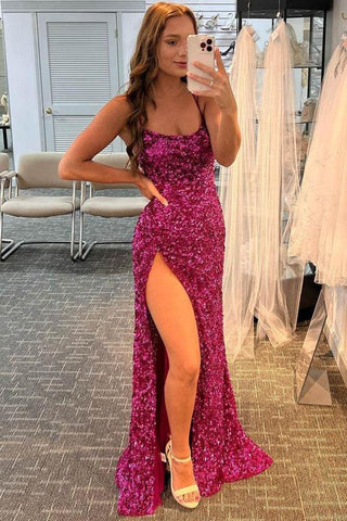 Etuikleid mit Pailletten in Fuchsie, langes Ballkleid mit Schlitz, formelles Kleid PSK325
