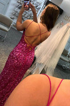 Vestido de baile comprido com lantejoulas fúcsia e racha PSK325