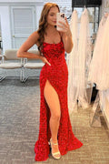 Robe de bal longue fuchsia gainée à paillettes avec fente  Robe de soirée formelle PSK325
