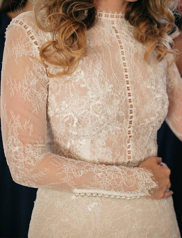 NumberSea Etuikleid mit Spitze und langen Ärmeln, Perlenbesetztes Brautkleid im Vintage-Stil, MW813
