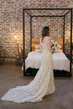 NumberSea Sheath Lace Long Sleeves Beaded Wedding Dresses, Vintage Bridal Gown, MW813