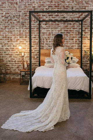 NumberSea Etuikleid mit Spitze und langen Ärmeln, Perlenbesetztes Brautkleid im Vintage-Stil, MW813