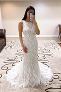 NumberSea Sheath Open Back Lace Abiti da Sposa con Court Train, Abiti da Sposa, MW738