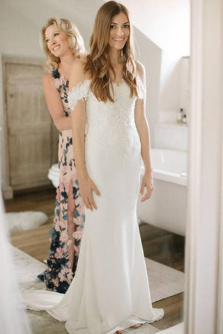 NumberSea Etui-Brautkleid aus Satin und Spitze mit schulterfreier Schleppe, MW745