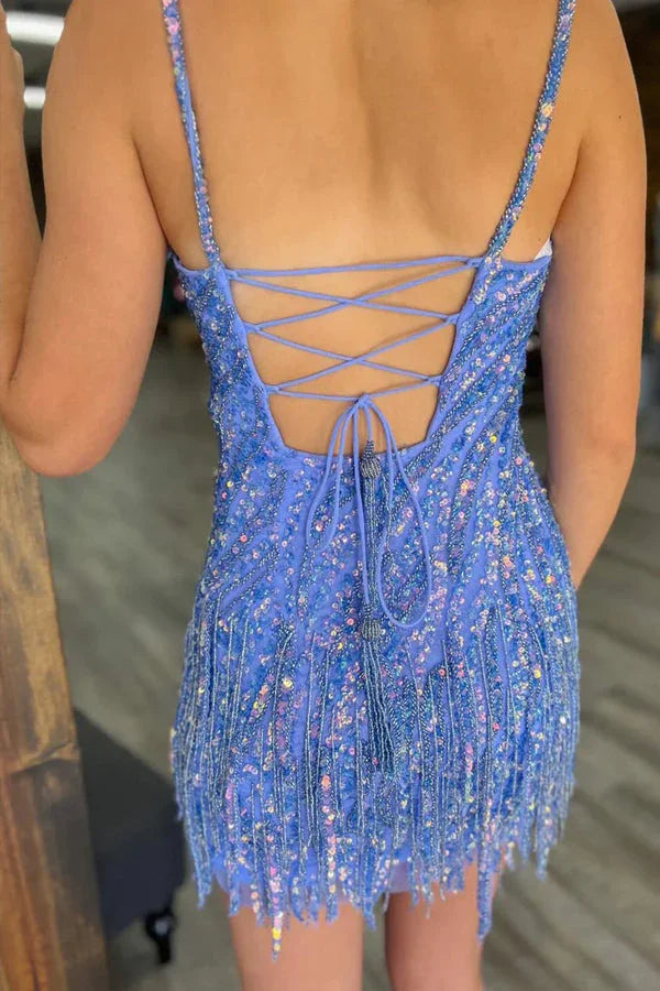 Vestido de Fiesta con Tirantes Espagueti y Borlas Doradas PD569