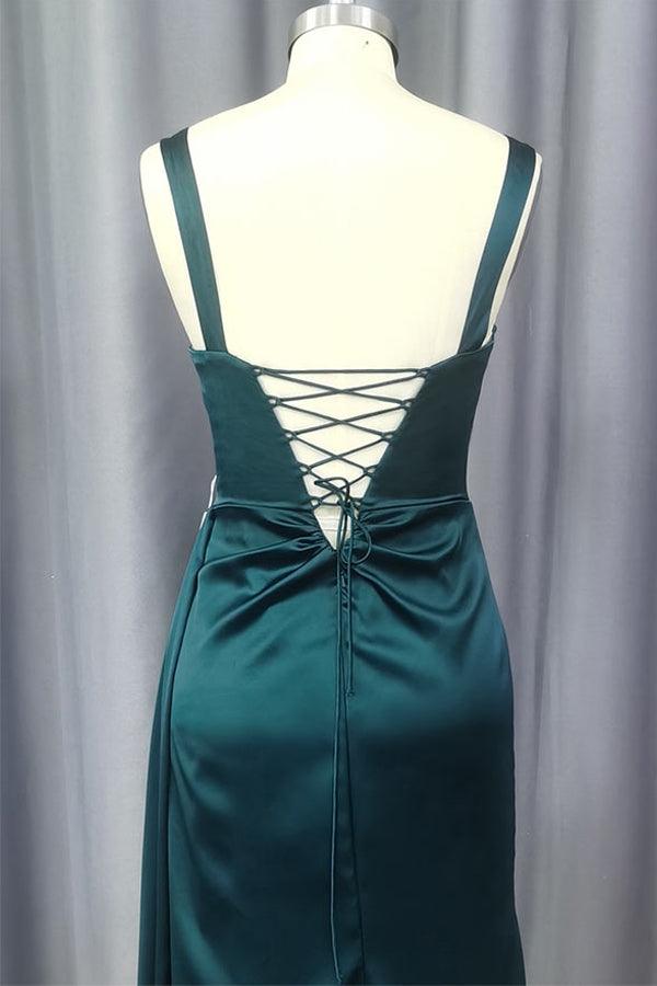 Vestido de festa verde em cetim com decote em coração e sem mangas, com pregas PSK403