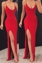 Vestido de festa comprido vermelho com alças finas e elástico em cetim PG797