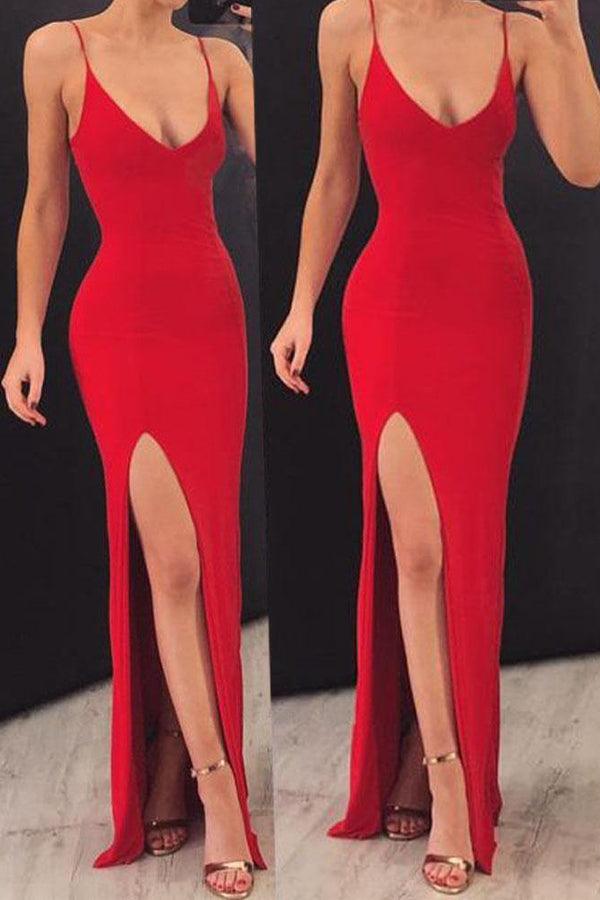 Sheath Spaghetti Straps Elastic Satin Red Long Prom Dress PG797