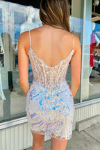 Sheath Spaghetti Straps Mini Homecoming Dress with Sequins PD554