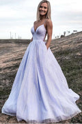 Abito da Sera Formale in Tulle a Scollo a V con Tasca, Linea A, Colore Lavanda Lucido PSK367
