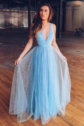 Abito da Ballo in Tulle Blu Chiaro Brillante con Scollo a V Lungo per Adolescenti PSK358