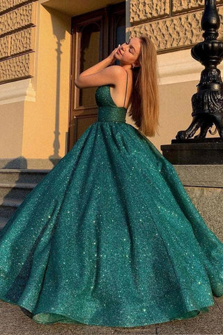 Glänzendes grünes Ballkleid mit V-Ausschnitt, Ballkleid, formelle Kleider PSK290