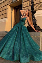 Vestido de baile verde brilhante com decote em V, vestido de cerimónia PSK290