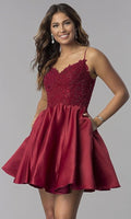 Spitze Kurz Perlenbesetzt Homecoming-Kleider Satin Promkleid mit Taschen SYH82