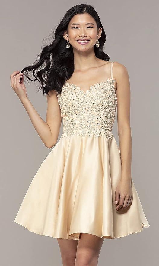 Spitze Kurz Perlenbesetzt Homecoming-Kleider Satin Promkleid mit Taschen SYH82