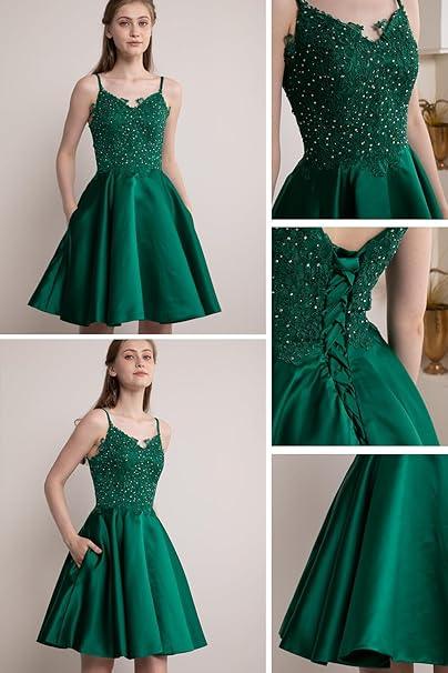 Spitze Kurz Perlenbesetzt Homecoming-Kleider Satin Promkleid mit Taschen SYH82