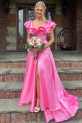 Vestido de noche formal de satén sedoso con escote en V y volantes en rosa fucsia PSK542