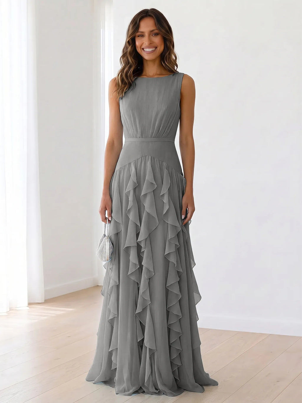 Sleeveless Tiered Chiffon Maxi Evening Gown with Ruched Bodice