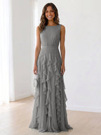 Sleeveless Tiered Chiffon Maxi Evening Gown with Ruched Bodice