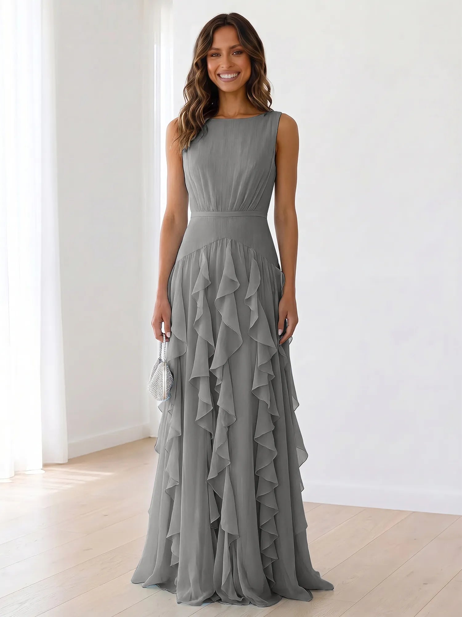 Sleeveless Tiered Chiffon Maxi Evening Gown with Ruched Bodice
