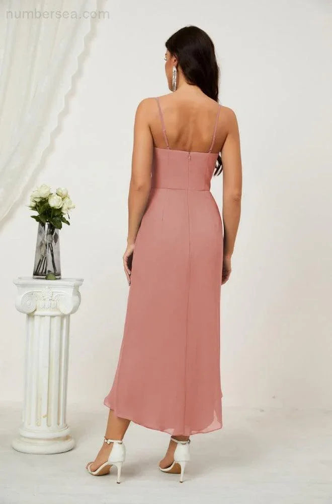 Vestido de Dama de Honor de Chifón Spaghetti con Escote en V y Abertura al Frente de Longitud Media para Fiesta Formal, Baile de Graduación y Regreso a Casa 2803