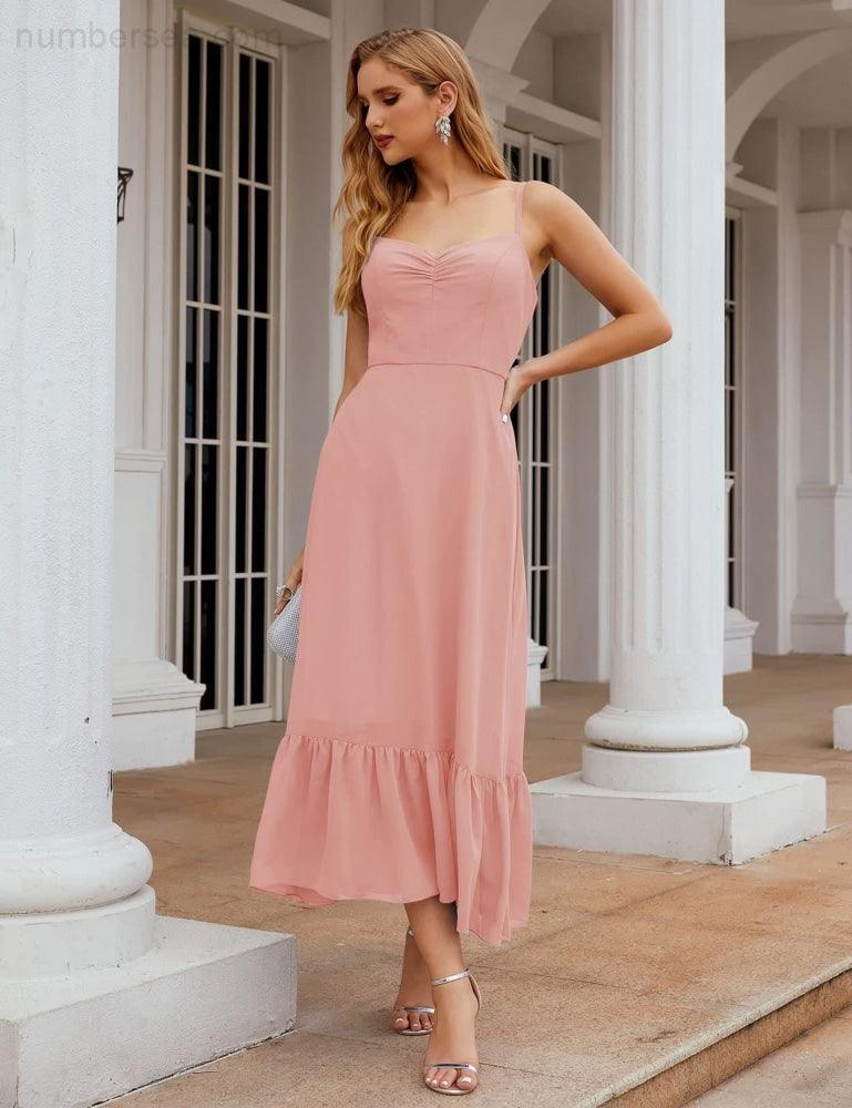 Numbersea Spaghetti-Träger Chiffon Brautjungfernkleid Knöchellänge Formell A-Linie Cocktail Party Homecoming-Kleid für Juniorinnen SEA28028