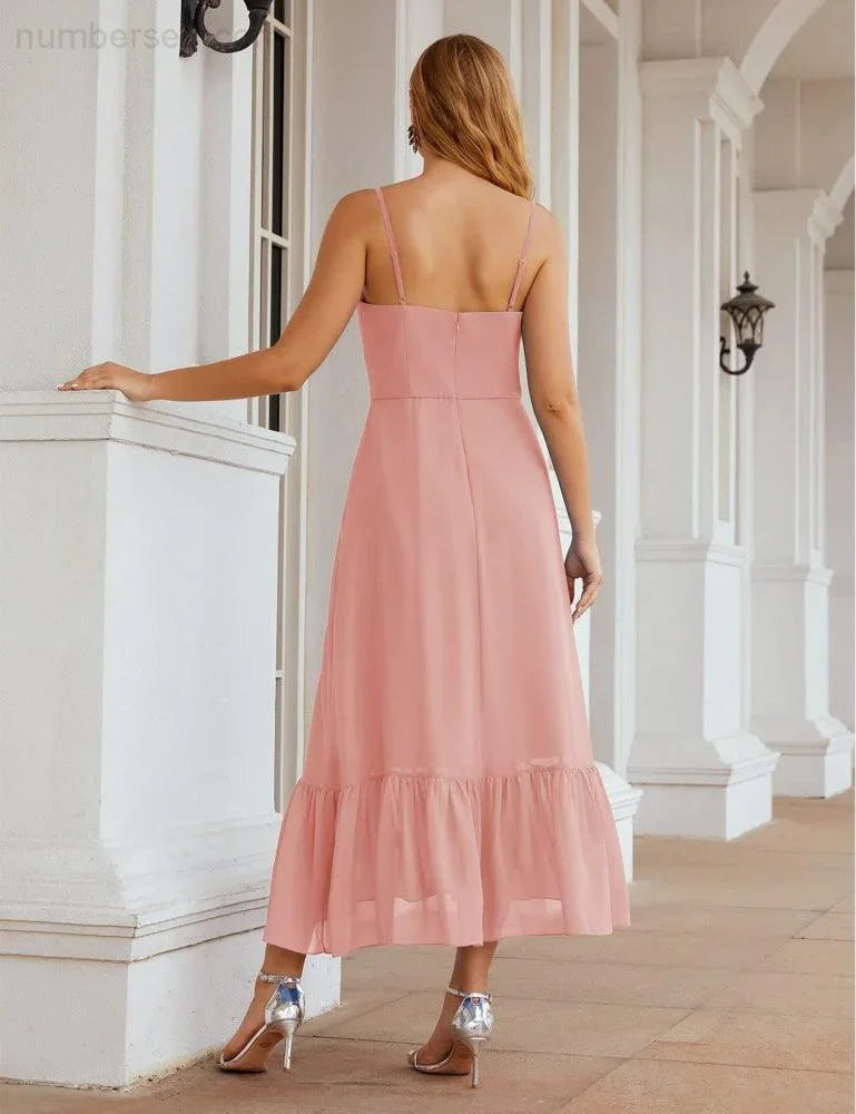 Numbersea Spaghetti-Träger Chiffon Brautjungfernkleid Knöchellänge Formell A-Linie Cocktail Party Homecoming-Kleid für Juniorinnen SEA28028
