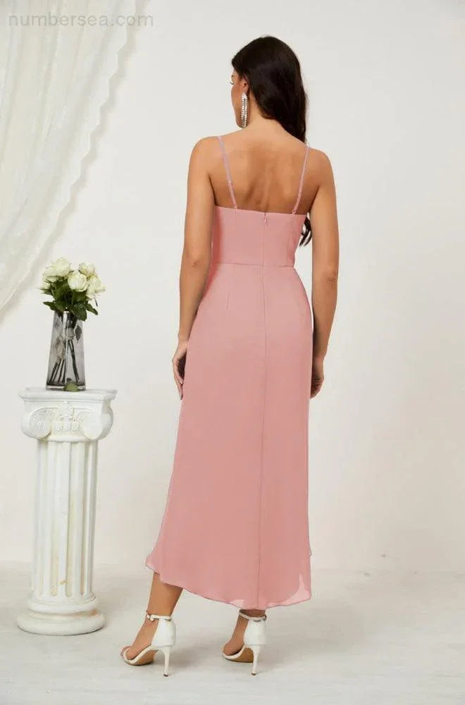 Vestido de Dama de Honor de Chifón Spaghetti con Escote en V y Abertura al Frente de Longitud Media para Fiesta Formal, Baile de Graduación y Regreso a Casa 2803