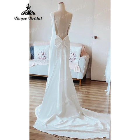 Einfacher U-Ausschnitt, weicher Satin, Meerjungfrau, offener Rücken, Brautkleid mit Schleife, ärmellos, Brautkleider, sukienka na wesele, NumberSea