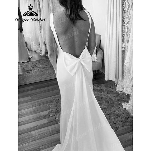 Einfacher U-Ausschnitt, weicher Satin, Meerjungfrau, offener Rücken, Brautkleid mit Schleife, ärmellos, Brautkleider, sukienka na wesele, NumberSea