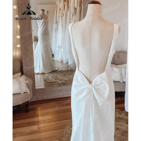 Einfacher U-Ausschnitt, weicher Satin, Meerjungfrau, offener Rücken, Brautkleid mit Schleife, ärmellos, Brautkleider, sukienka na wesele, NumberSea