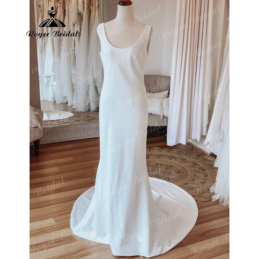 Simple Scoop Neckline Soft Satin Mermaid Open Back Wedding Dress with Bow Bridal Gowns Sleeveless sukienka na wesele NumberSea