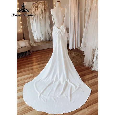 Einfacher U-Ausschnitt, weicher Satin, Meerjungfrau, offener Rücken, Brautkleid mit Schleife, ärmellos, Brautkleider, sukienka na wesele, NumberSea