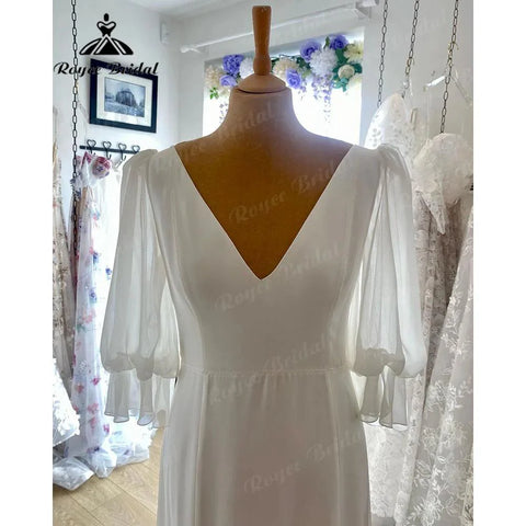 Schlichtes, weiches Satin-Hochzeitskleid im Boho-Stil mit V-Ausschnitt und Puffärmeln, 2024, Strand-Brautkleid für den Empfang, Robe de Mariee 