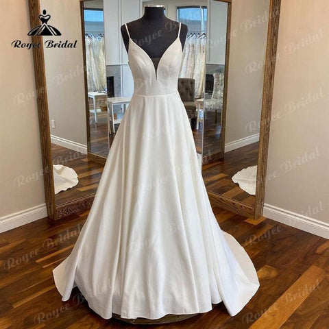 NumberSea Einfache V-ausschnitt Satin Boho Spaghetti-trägern Hochzeit Kleid Open Back 2025 Elegante Braut Brautkleid vestidos de novia Elegante