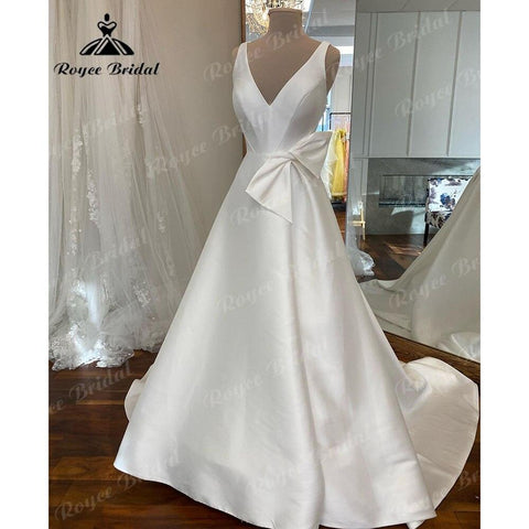 NumberSea Einfache V-Ausschnitt Satin V-Ausschnitt A-Linie Brautkleid mit Schleife 2025 Brautkleider Nach Maß Vestidos De Novia Formale NumberSea 