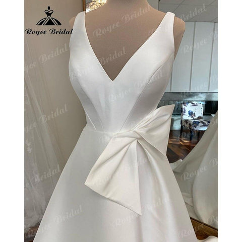 NumberSea Einfache V-Ausschnitt Satin V-Ausschnitt A-Linie Brautkleid mit Schleife 2025 Brautkleider Nach Maß Vestidos De Novia Formale NumberSea 