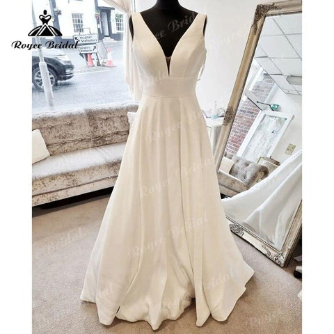 NumberSea Schlichtes, ärmelloses Satin-Strandhochzeitskleid in A-Linie mit V-Ausschnitt und Knöpfen, offener Rücken, 2025, Vestido Boda Civil, Brautkleider für Frauen 