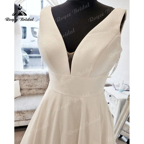 NumberSea Schlichtes, ärmelloses Satin-Strandhochzeitskleid in A-Linie mit V-Ausschnitt und Knöpfen, offener Rücken, 2025, Vestido Boda Civil, Brautkleider für Frauen 