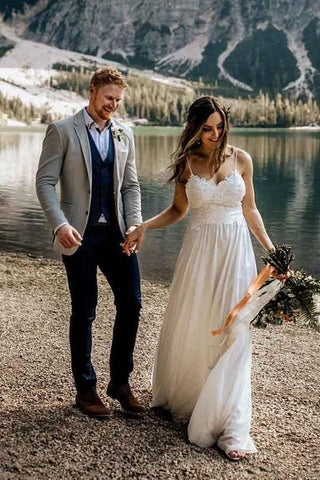 NumberSea Schlichtes A-Linien-Brautkleid mit Spaghettiträgern und Schleppe, MW567