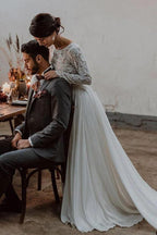 Simple A-line Two-piece Bateau Long Sleeves Lace Wedding Dresses, MW560