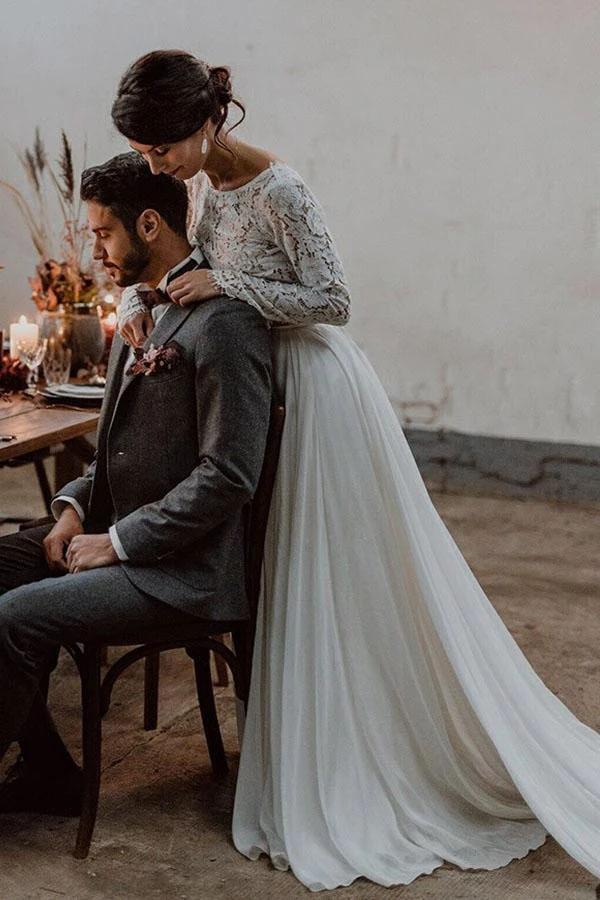 Abito da Sposa a Due Pezzi con Scollo a Barca e Maniche Lunghe in Pizzo, Linea A Semplice, MW560